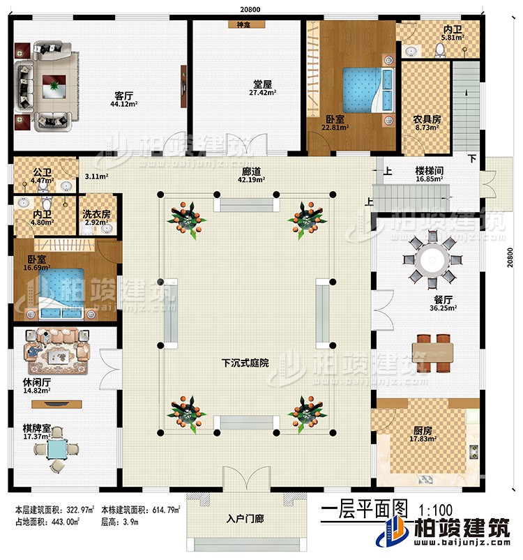 一層：入戶門廊、下沉式庭院、廊道、堂屋、神龕、客廳、餐廳、廚房、休閑廳、棋牌室、農(nóng)具房、樓梯間、2臥室、2內(nèi)衛(wèi)、公衛(wèi)、洗衣房