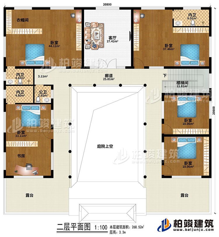 二層：樓梯間、廊道、庭院上空、客廳、5臥室、衣帽間、書房、3內(nèi)衛(wèi)、公衛(wèi)、2露臺(tái)