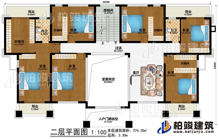 二層：堂屋挑空、入戶門廊挑空、客廳、過道、樓梯間、6臥室、4衣帽間、公衛(wèi)、內(nèi)衛(wèi)、4陽臺