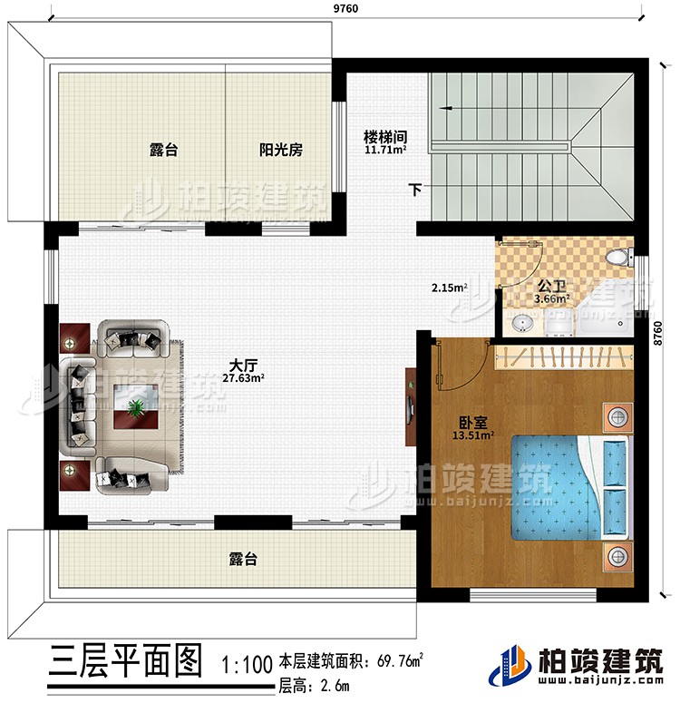 三層：樓梯間、大廳、臥室、公衛(wèi)、陽光房、2露臺