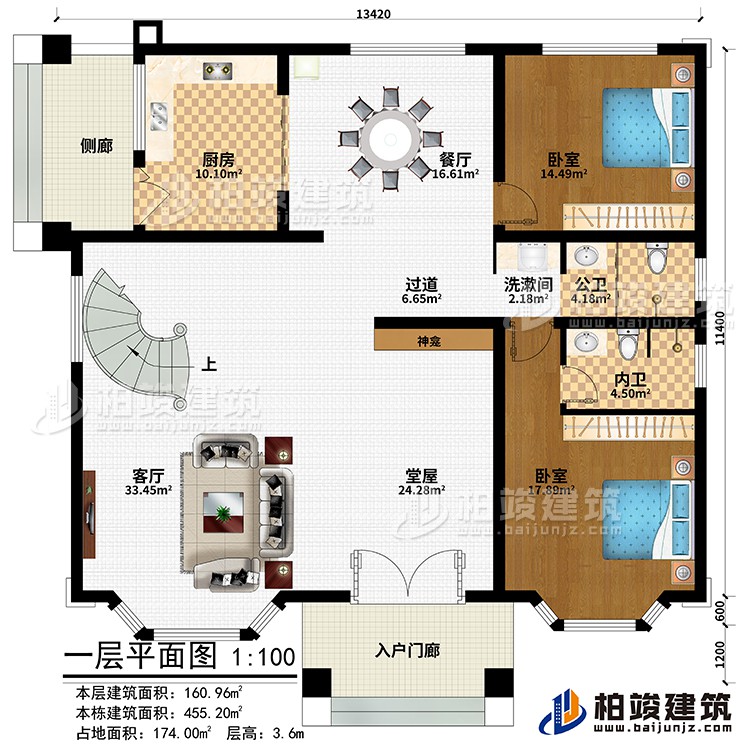 一層：入戶門廊、側(cè)廊、堂屋、神龕、客廳、廚房、餐廳、過(guò)道、2臥室、洗漱間、公衛(wèi)、內(nèi)衛(wèi)
