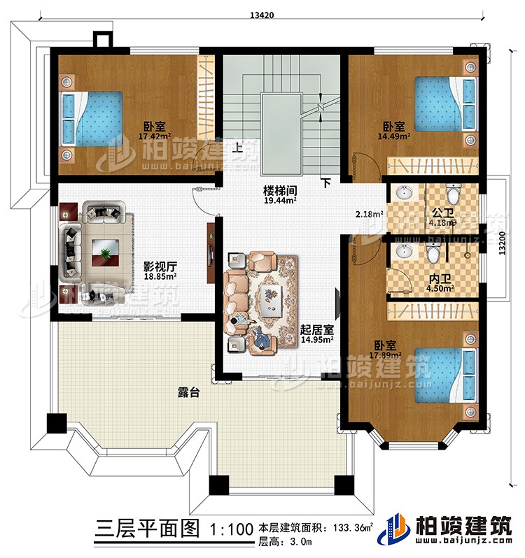 三層：樓梯間、起居室、影視廳、3臥室、公衛(wèi)、內(nèi)衛(wèi)、露臺(tái)