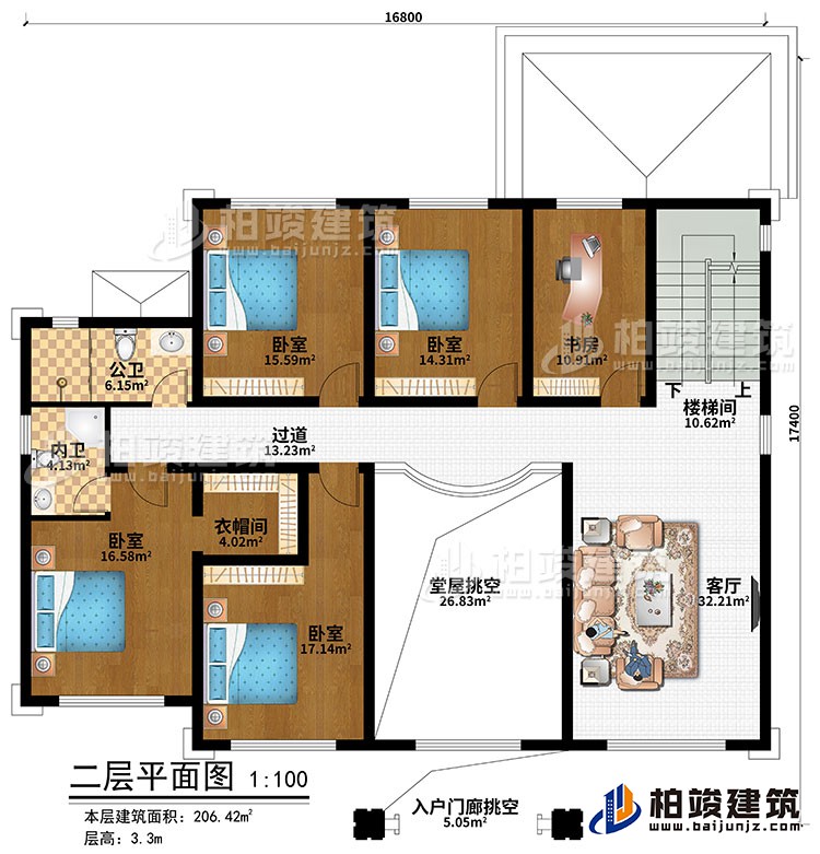 二層：樓梯間、客廳、堂屋挑空、入戶門廊挑空、4臥室、衣帽間、書房、公衛(wèi)、內(nèi)衛(wèi)