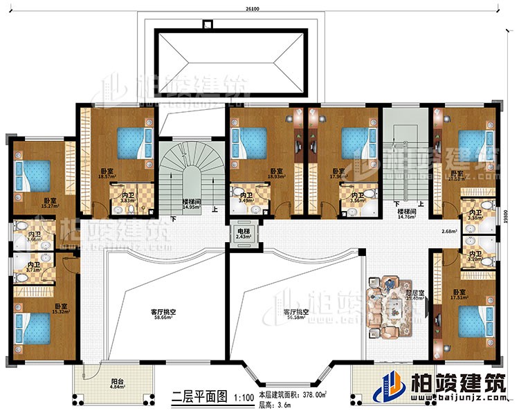 二層：2樓梯間、2客廳挑空、起居室、7臥室、7內(nèi)衛(wèi)、電梯、2陽(yáng)臺(tái)