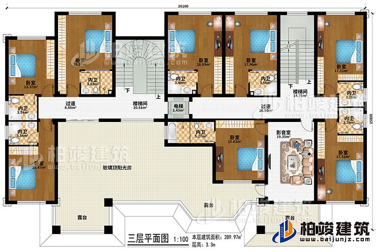 三層：2樓梯間、2過道、影音室、8臥室、2內(nèi)衛(wèi)、3露臺(tái)、玻璃頂陽(yáng)光房、電梯