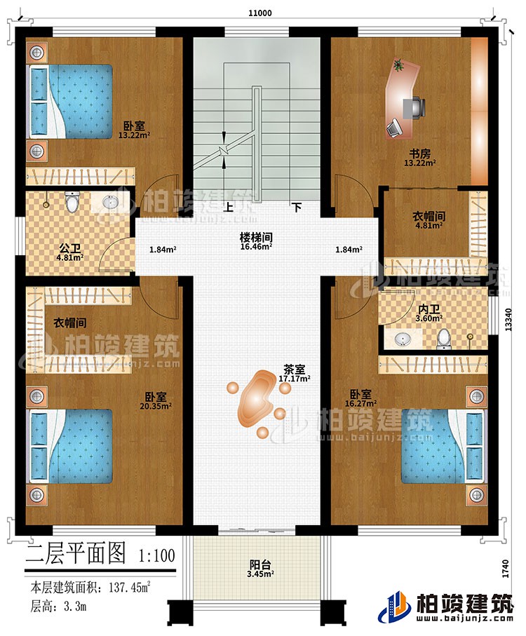 二層：樓梯間、3臥室、2衣帽間、書房、茶室、公衛(wèi)、內衛(wèi)、陽臺