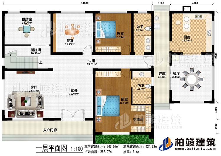 一層：入戶門廊、客廳、玄關(guān)、樓梯間、過道、棋牌室、茶室、餐廳、廚房、2臥室、衣帽間、公衛(wèi)、內(nèi)衛(wèi)、連廊