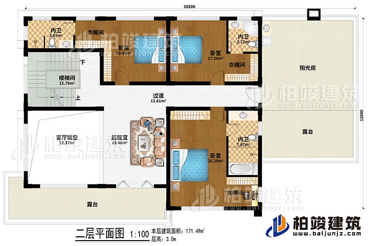 二層：樓梯間、客廳挑空、起居室、過道、3臥室、3衣帽間、3內(nèi)衛(wèi)、陽光房、2露臺