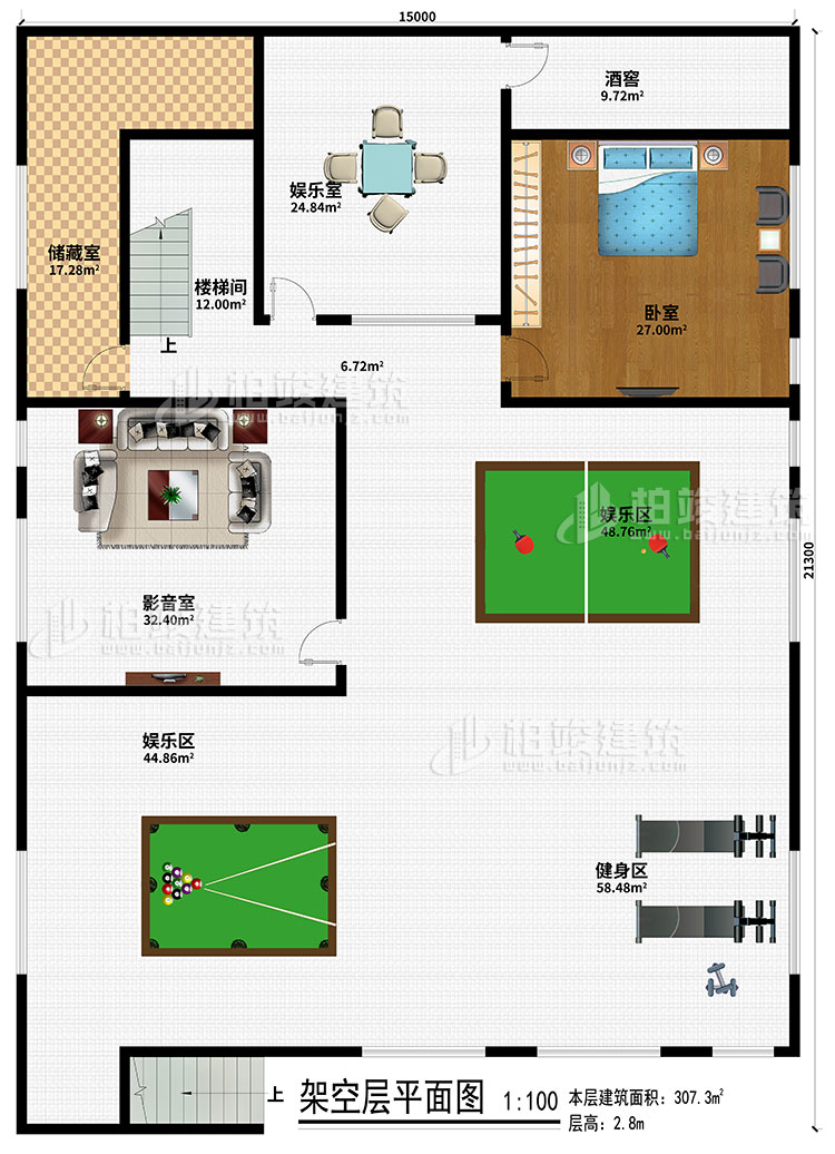 架空層：儲藏室、樓梯間、娛樂室、酒窖、臥室、影音室、2娛樂區(qū)、健身區(qū)