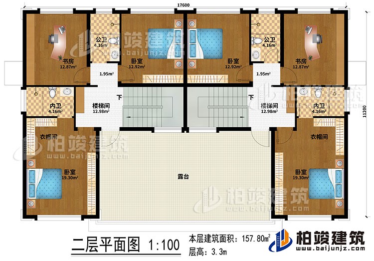 二層：2樓梯間、2書(shū)房、4臥室、2衣帽間、2公衛(wèi)、2內(nèi)衛(wèi)、露臺(tái)