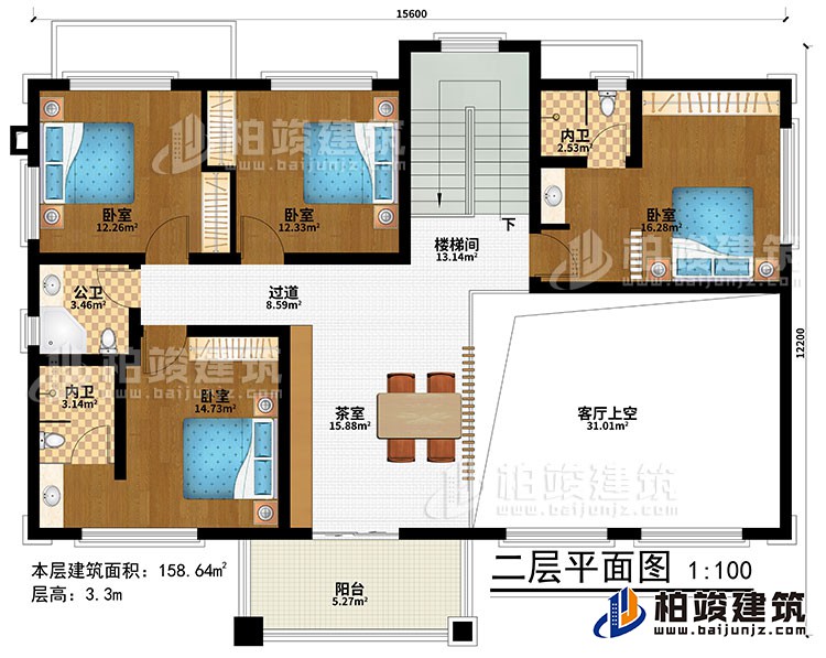 二層：樓梯間、茶室、客廳上空、4臥室、過(guò)道、公衛(wèi)、2內(nèi)衛(wèi)、陽(yáng)臺(tái)