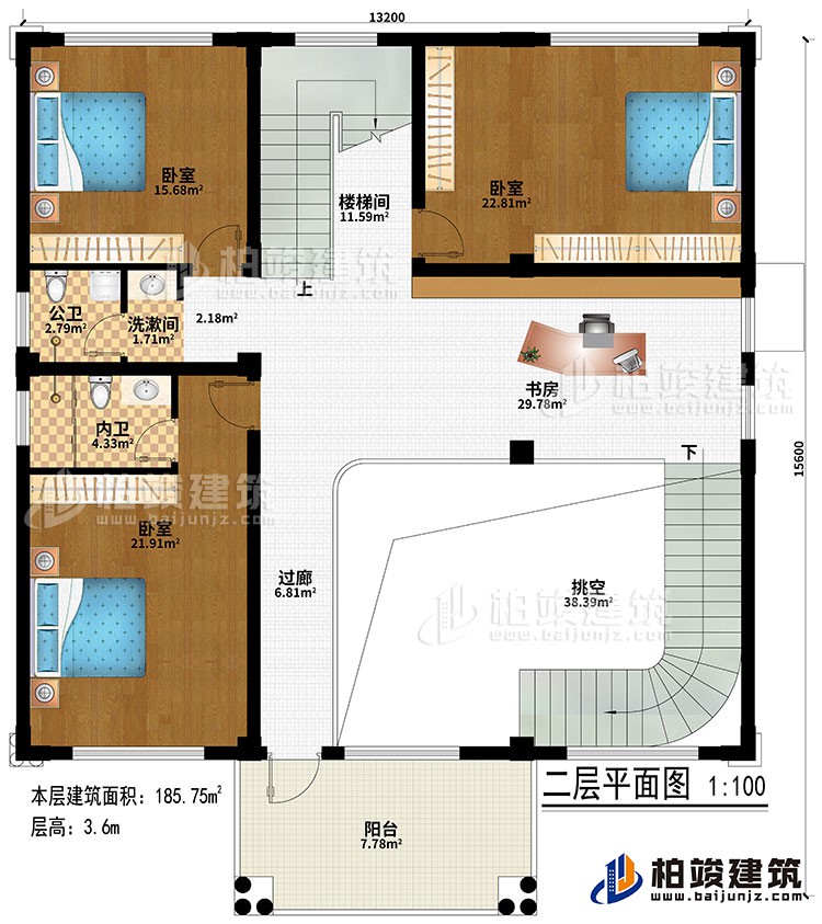 二層：挑空、過道、書房、樓梯間、3臥室、洗漱間、公衛(wèi)、內衛(wèi)、陽臺