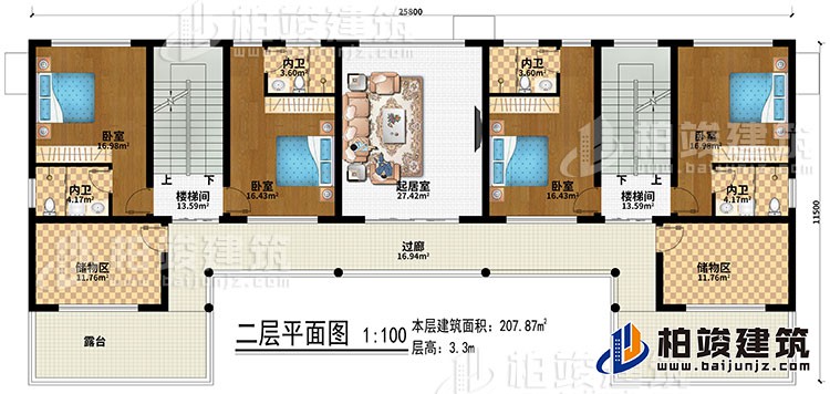 二層：起居室、2樓梯間、4臥室、4內(nèi)衛(wèi)、2儲(chǔ)物間、過(guò)廊、2露臺(tái)