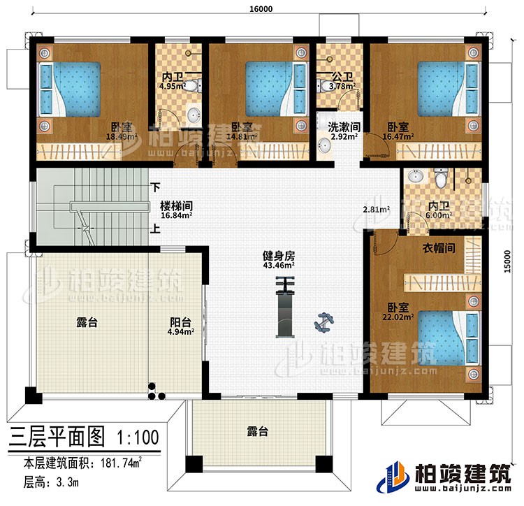 三層：樓梯間、健身房、4臥室、洗漱間、公衛(wèi)、內(nèi)衛(wèi)、陽臺(tái)、2露臺(tái)