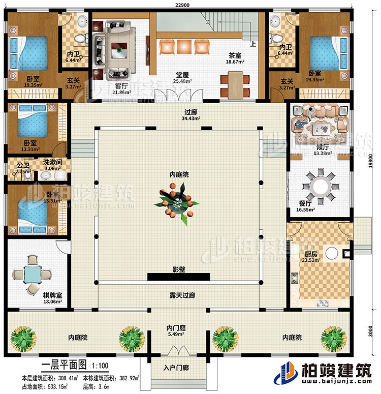 一層：入戶門廊、內(nèi)門庭、3內(nèi)庭院、棋牌室、廚房、餐廳、候廳、客廳、堂屋、茶室、2玄關(guān)、4臥室、2內(nèi)衛(wèi)、公衛(wèi)、影壁