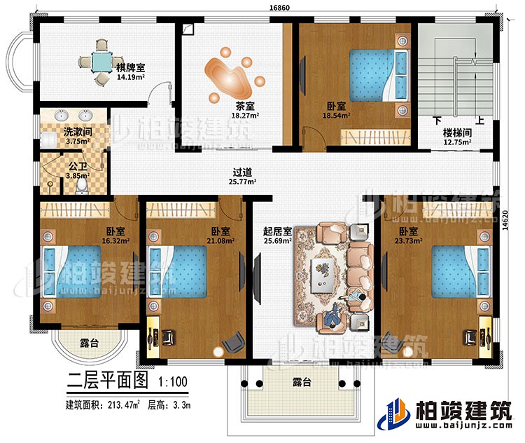 二層：樓梯間、起居室、過(guò)道、茶室、棋牌室、4臥室、洗漱間、公衛(wèi)、2露臺(tái)