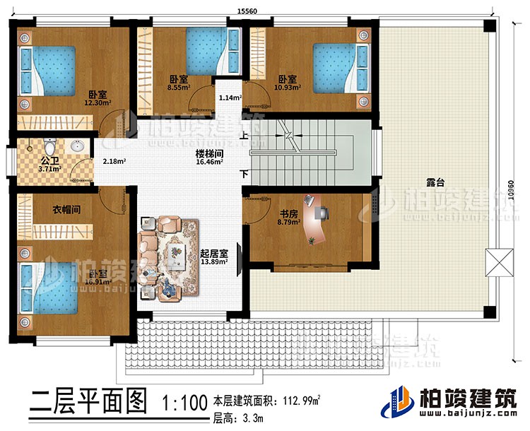 二層：樓梯間、起居室、4臥室、衣帽間、書(shū)房、公衛(wèi)、露臺(tái)