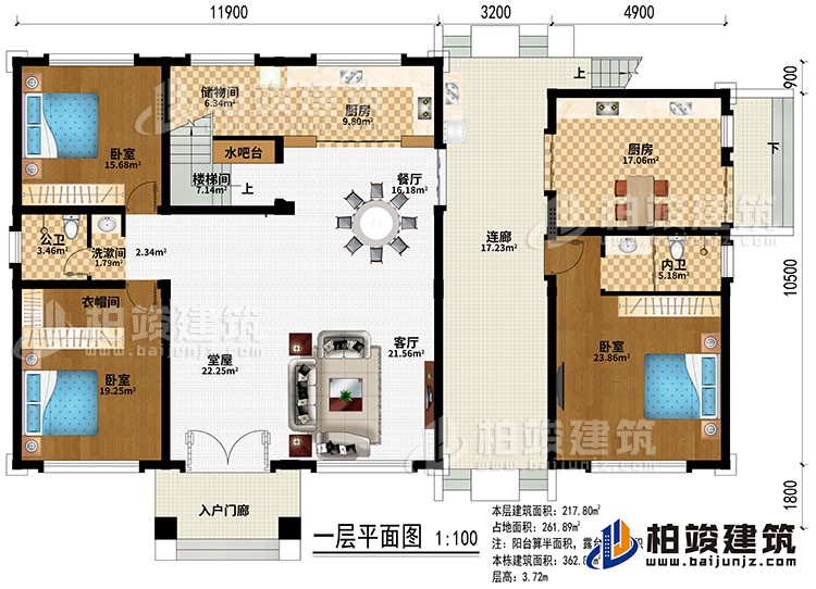 一層：入戶(hù)門(mén)廊、堂屋、客廳、餐廳、2廚房、儲(chǔ)物間、水吧、3臥室、衣帽間、洗漱間、公衛(wèi)、內(nèi)衛(wèi)、樓梯間